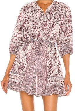 Cleobella Cream and Burgundy Floral Tie-Waist Dress